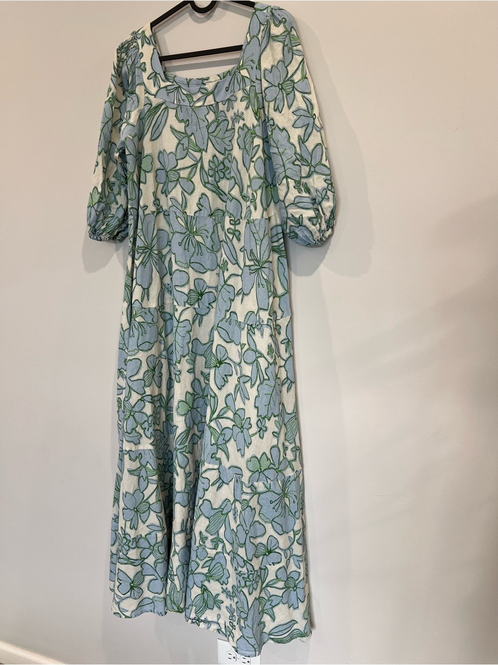 Ethnic short sleeve Light Blue & Green Floral Maxi Dress  Medium
